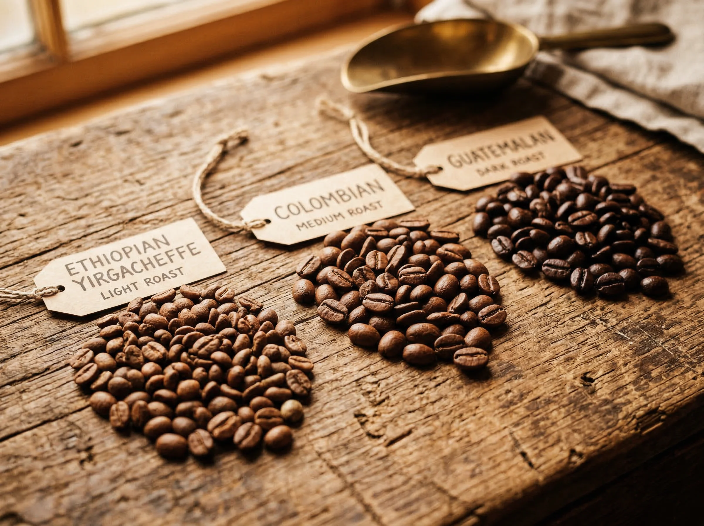 Specialty coffee beans from different origins arranged on a rustic wooden surface