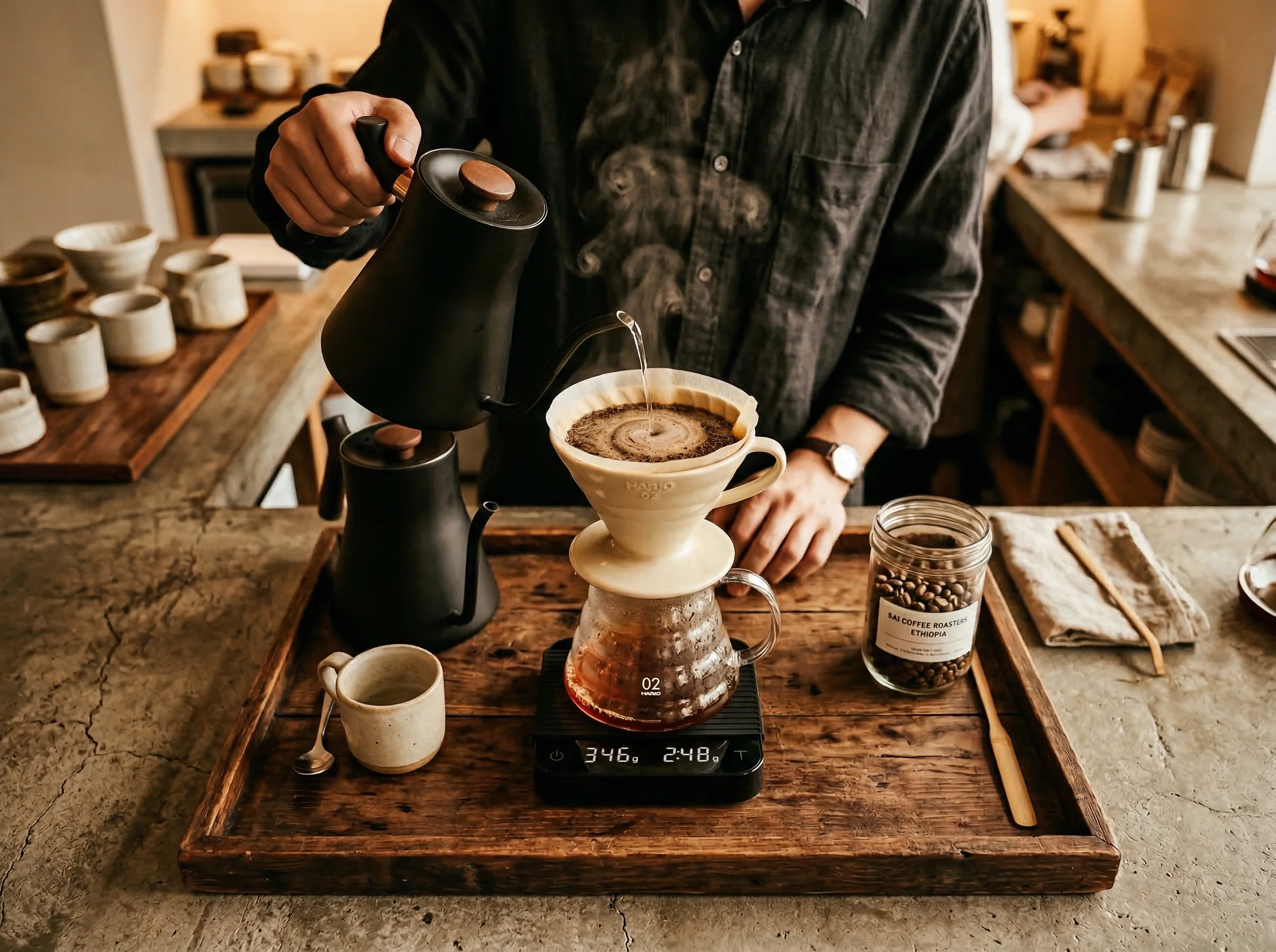 Precise pour-over coffee brewing with gooseneck kettle and V60 dripper