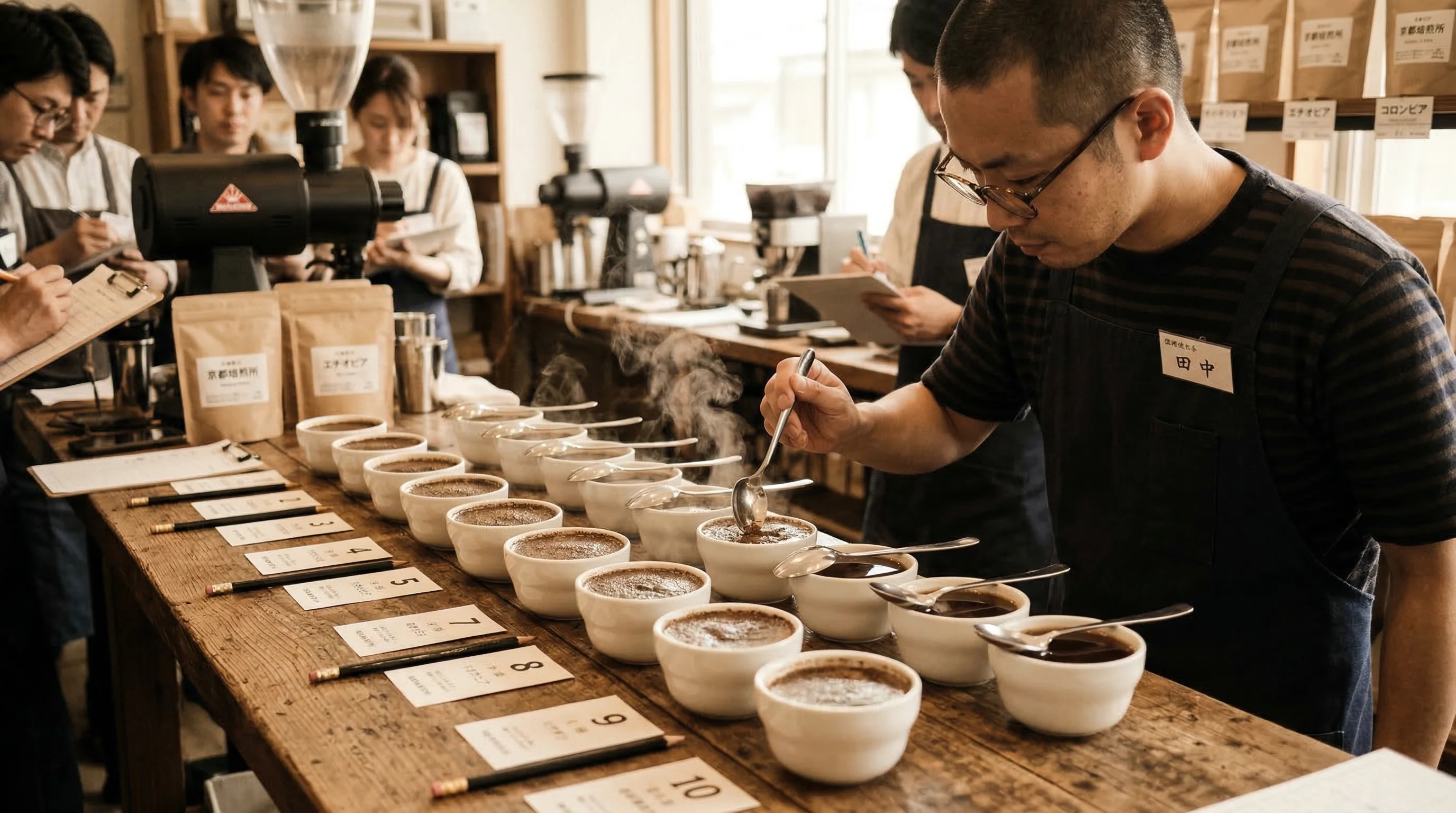 Professional cupping session with multiple bowls of coffee being evaluated
