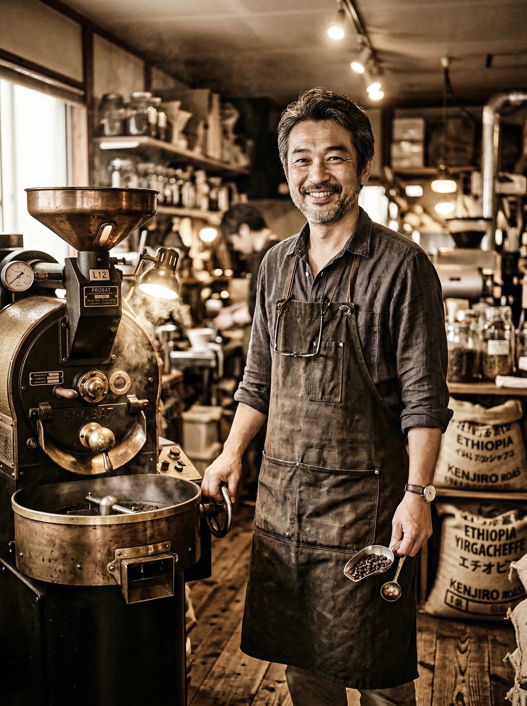 Our founder and head roaster standing beside the vintage Probat roaster