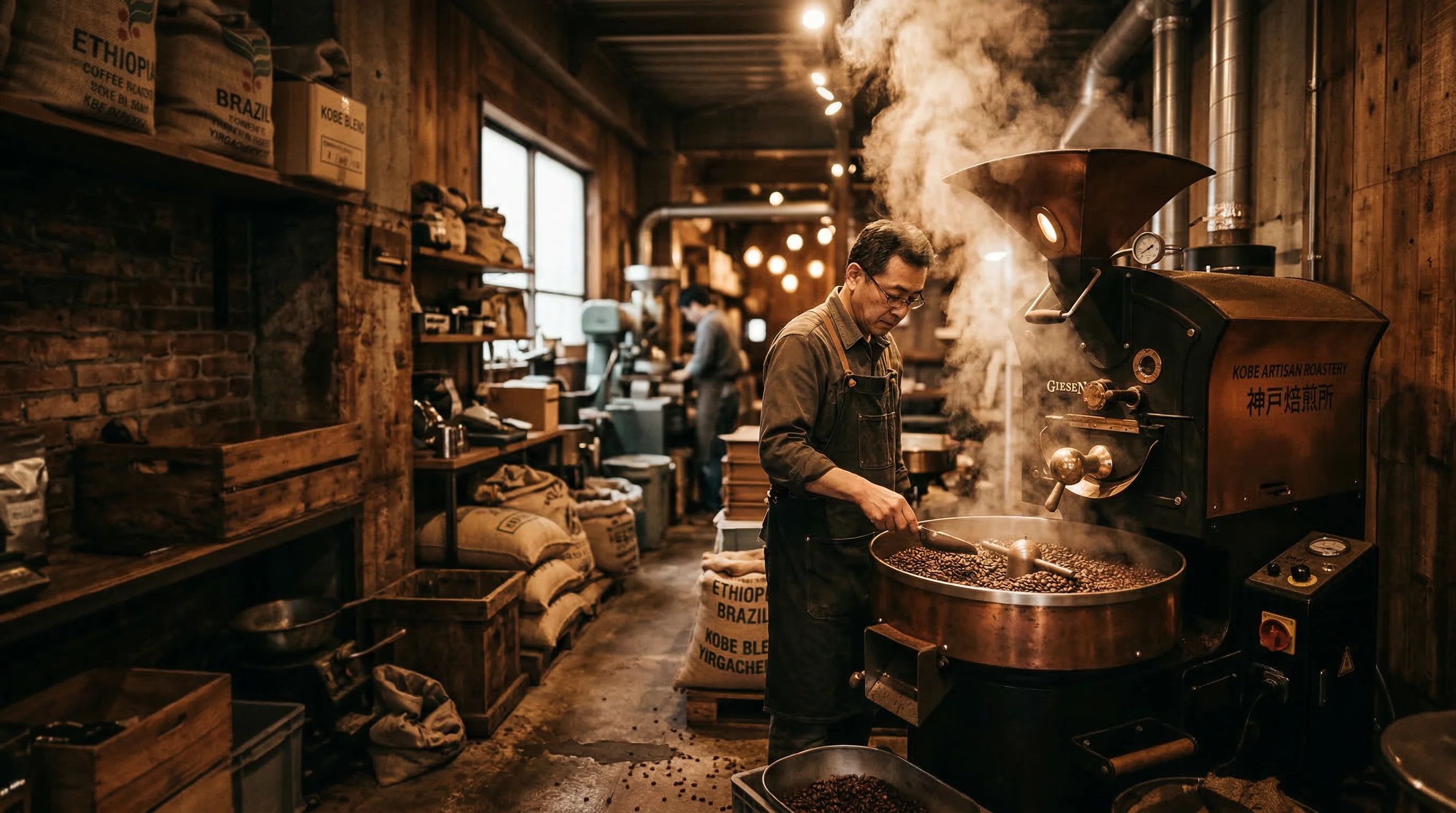 Master roaster crafting specialty coffee beans in our Kobe roastery