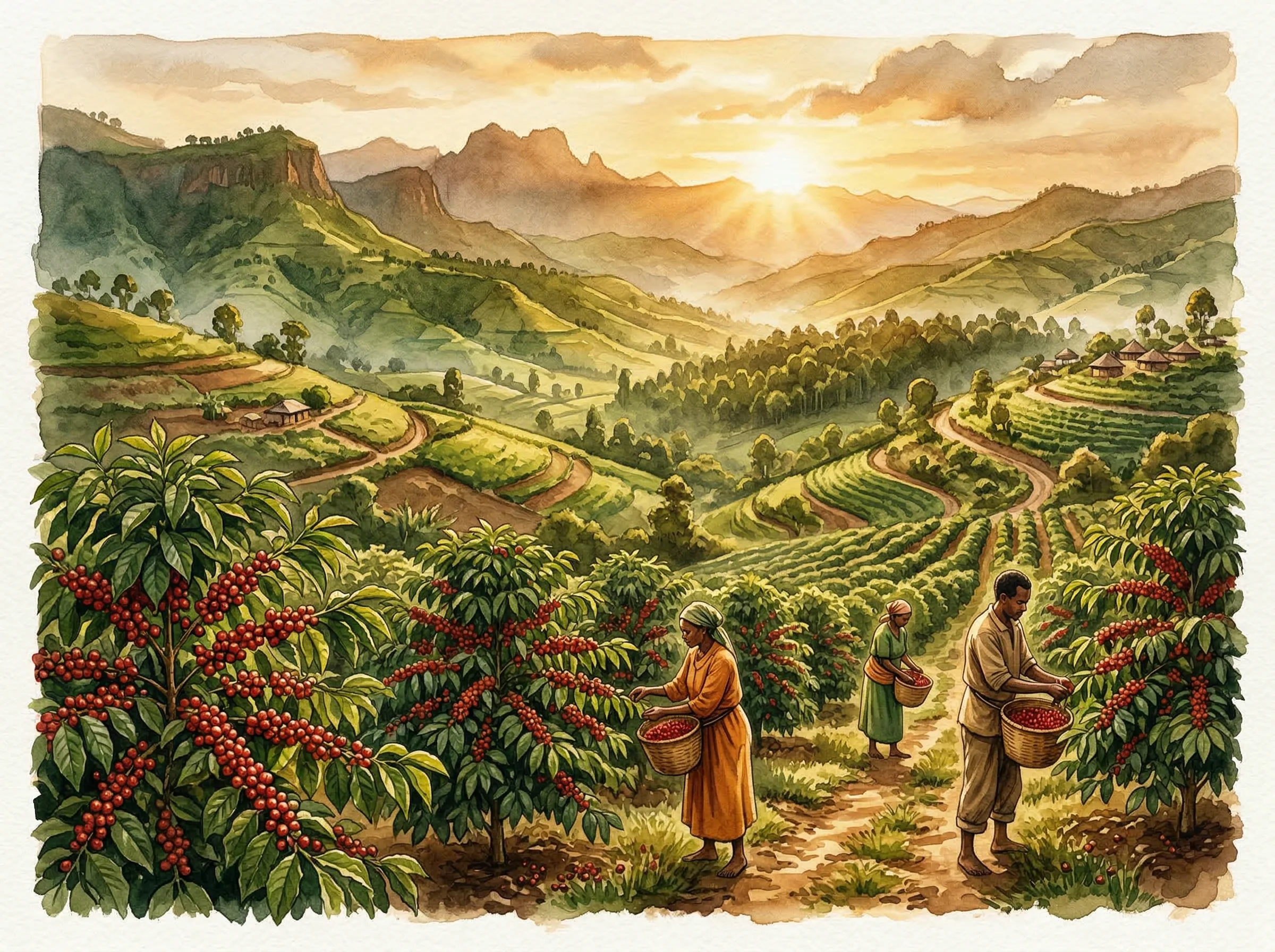 Coffee farmers harvesting ripe coffee cherries in Ethiopian highlands at sunrise