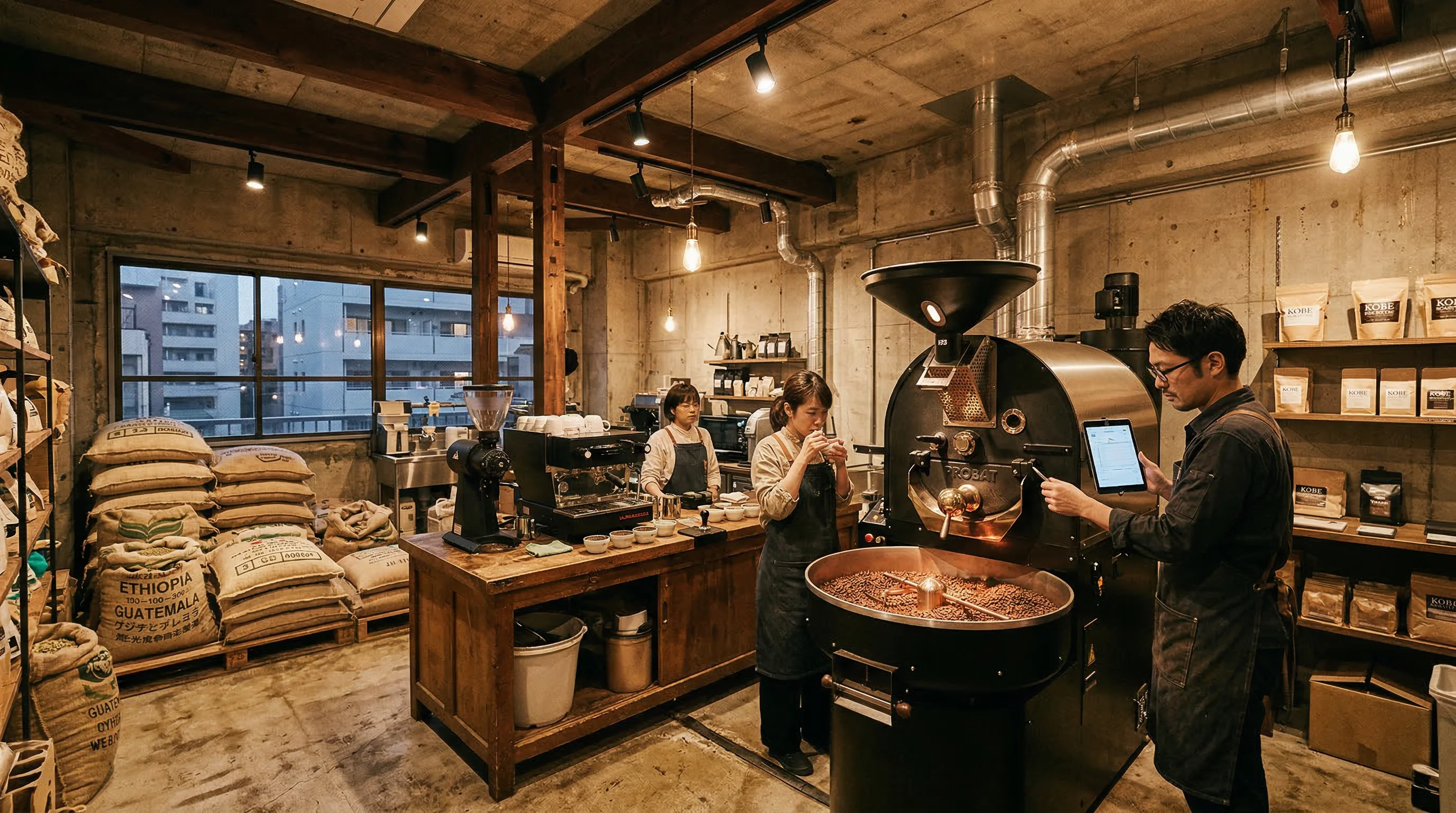 Inside our Kobe roasting facility with team managing precision roasting equipment