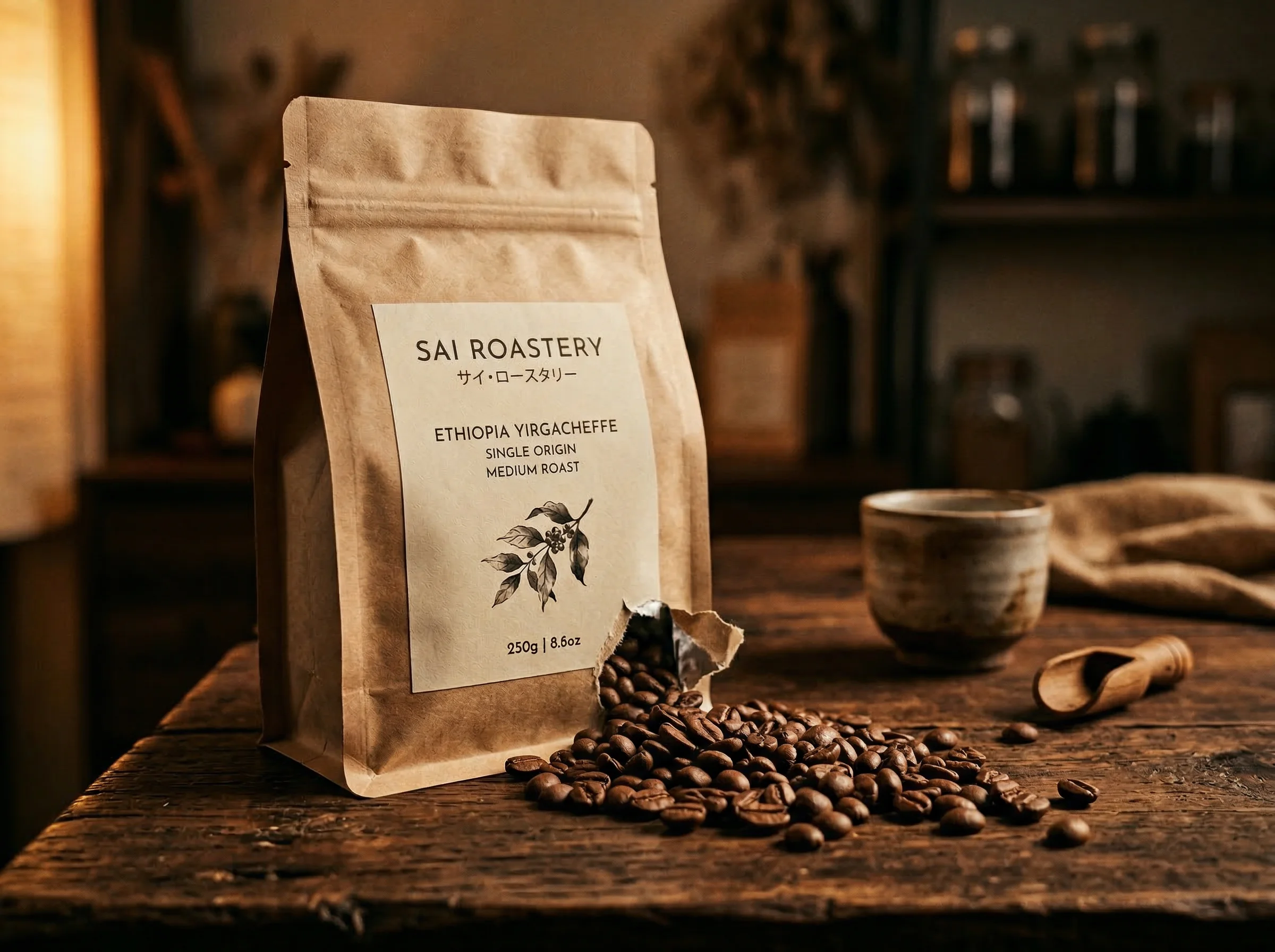 Our signature coffee blend packaged in craft paper bag with roasted beans
